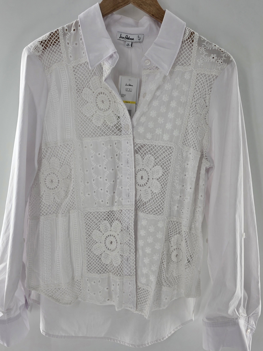 Sam Edelman White Crochet Patchwork Button Up Long Sleeve  Shirt Womens Size Med